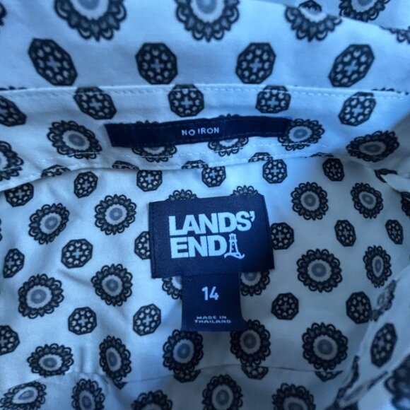Lands' End Womens Black & White Floral Button-Up Shirt Size 14 No Iron Cotton - Picture 3 of 8
